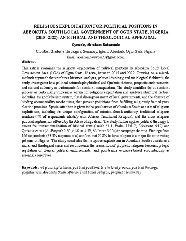 (PDF) Religious Exploitation for Political Positions in Abeokuta South ...