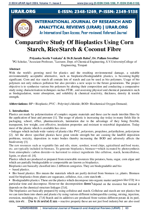(PDF) Comparative Study Of Bioplastics Using Corn Starch, Rice Starch ...
