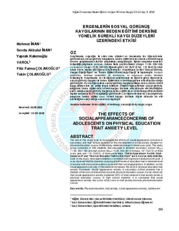(PDF) Ergenleri̇n Sosyal Görünüş Kaygilarinin Beden Eği̇ti̇mi̇ Dersi̇ne ...