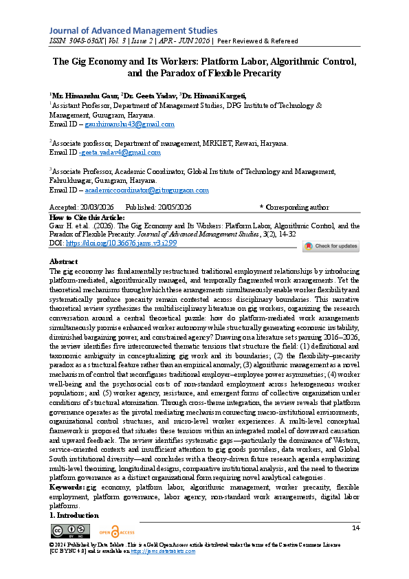 (PDF) The Gig Economy and Its Workers: Platform Labor, Algorithmic ...