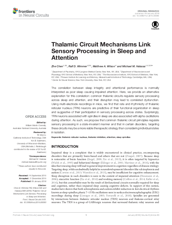 (PDF) Thalamic Circuit Mechanisms Link Sensory Processing in Sleep and ...