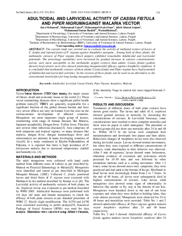 (PDF) Adulticidal and Larvicidal Activity of Cassia Fistula and Piper ...