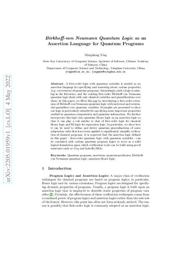 (PDF) Birkhoff-von Neumann Quantum Logic as an Assertion Language for ...