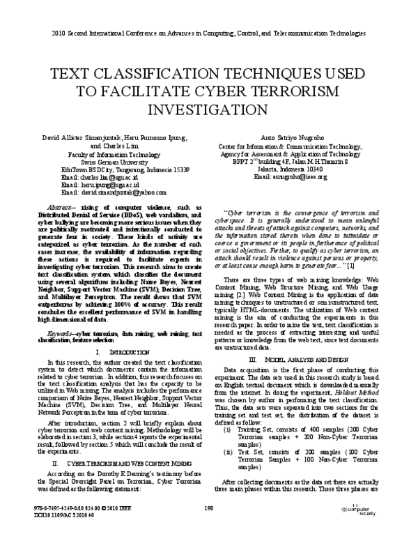(PDF) Text Classification Techniques Used to Faciliate Cyber Terrorism ...