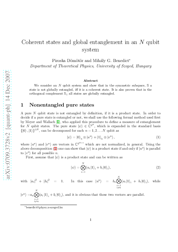 (PDF) Coherent states and global entanglement in an N qubit system