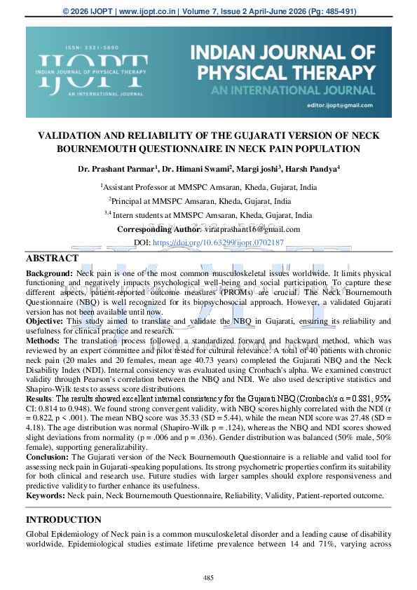 (PDF) VALIDATION AND RELIABILITY OF THE GUJARATI VERSION OF NECK ...