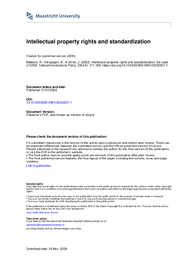 (PDF) Intellectual property rights and standardization: the case of GSM