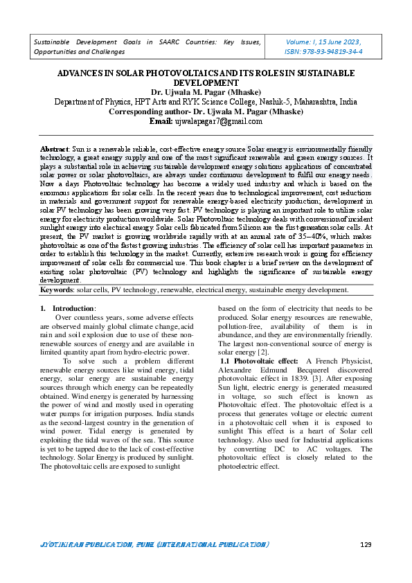(PDF) Advances in Solar Photovoltaics and Its Roles in Sustainable ...