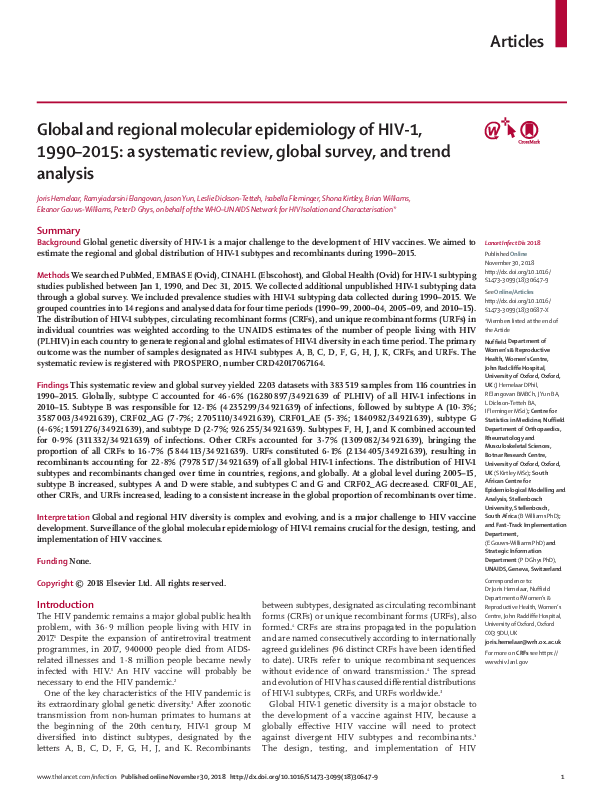 (PDF) Global and regional molecular epidemiology of HIV-1, 1990–2015: a ...