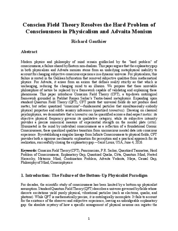 (PDF) Conscion Field Theory Resolves the Hard Problem of Consciousness ...