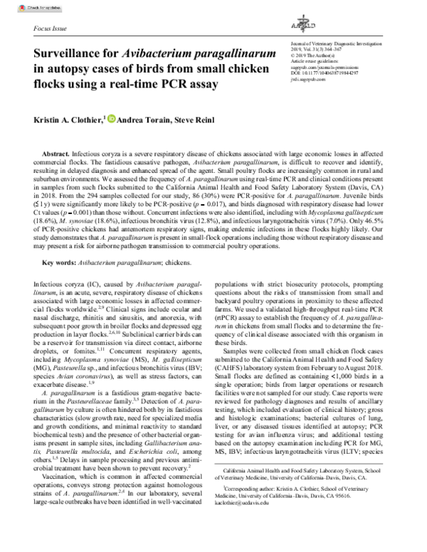 (PDF) Surveillance for Avibacterium paragallinarum in autopsy cases of ...