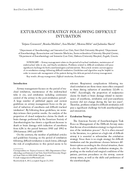 (PDF) Extubation strategy following difficult intubation