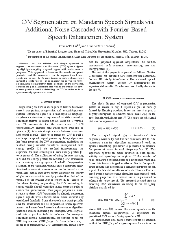 (PDF) C/V Segmentation on Mandarin Speech Signals via Additional Noise ...