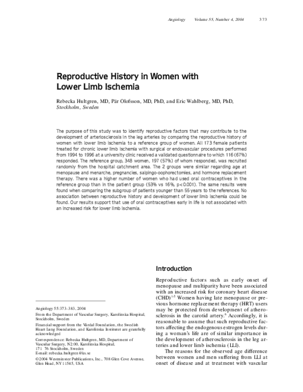 (PDF) Reproductive History in Women with Lower Limb Ischemia