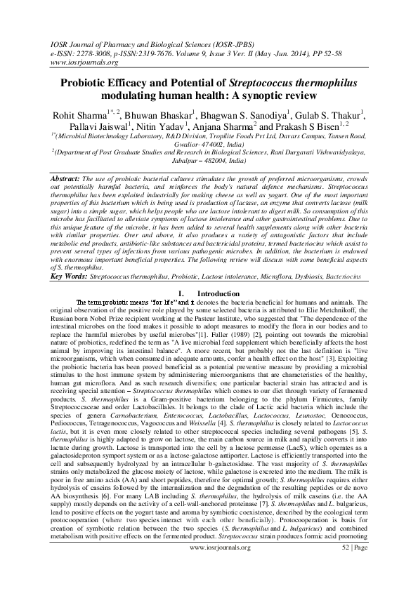 (PDF) Probiotic Efficacy and Potential of Streptococcus thermophilus ...