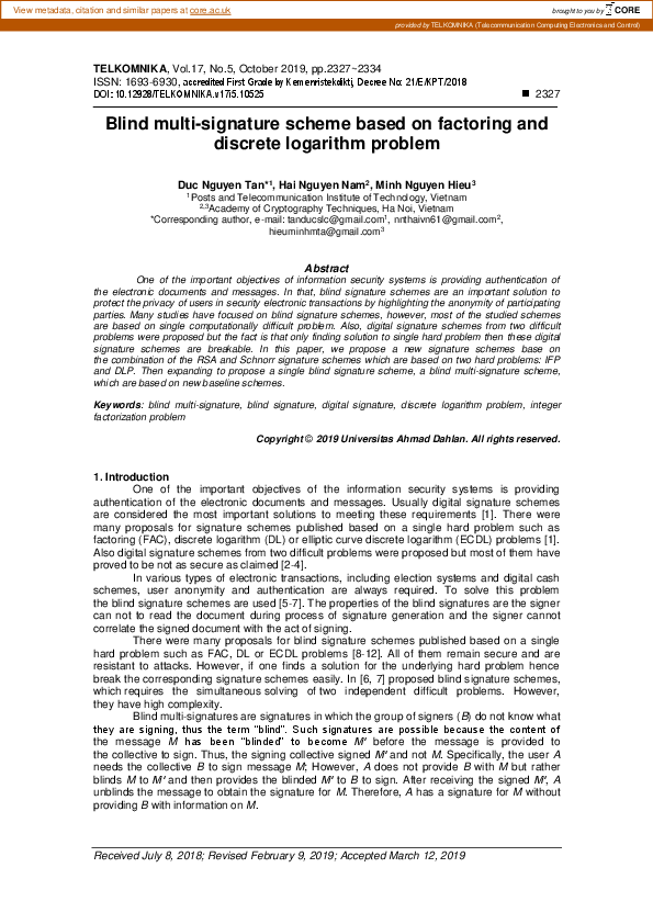 (PDF) Blind multi-signature scheme based on factoring and discrete ...