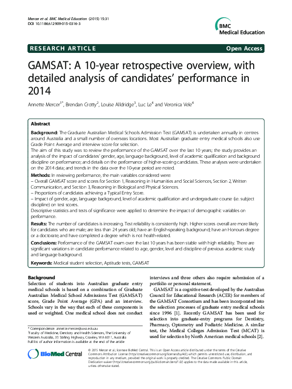 (PDF) GAMSAT: A 10-year retrospective overview, with detailed analysis ...