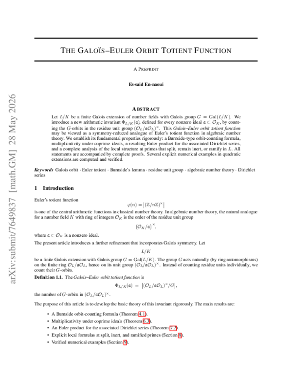 (PDF) THE GALOÏS-EULER ORBIT TOTIENT FUNCTION