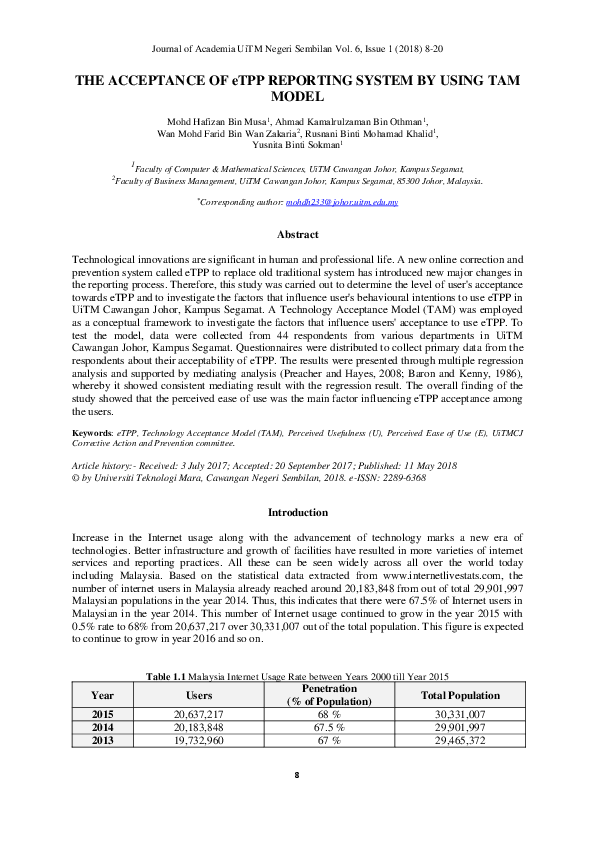 (PDF) The acceptance of eTPP reporting system by using TAM Model / Mohd ...