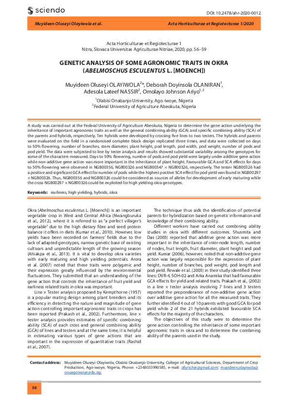 (PDF) Genetic Analysis of Some Agronomic Traits in Okra (Abelmoschus ...