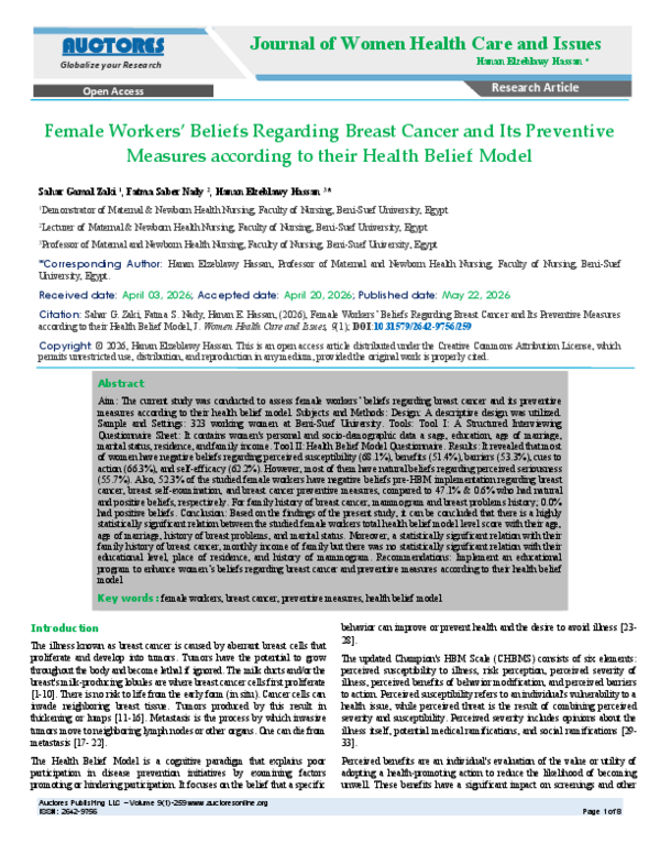 (PDF) Female Workers' Beliefs Regarding Breast Cancer and Its ...