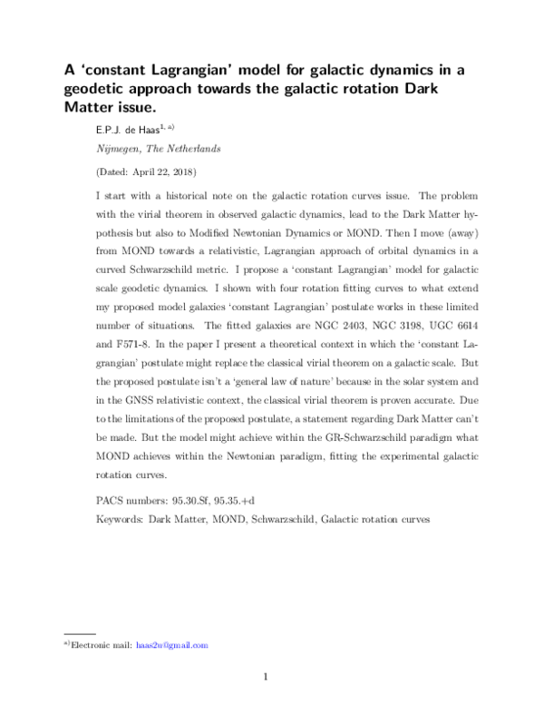 (PDF) A 'constant Lagrangian' model for galactic dynamics in a geodetic ...