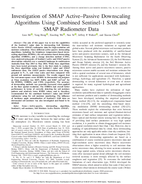 (PDF) Investigation of SMAP Active–Passive Downscaling Algorithms Using ...