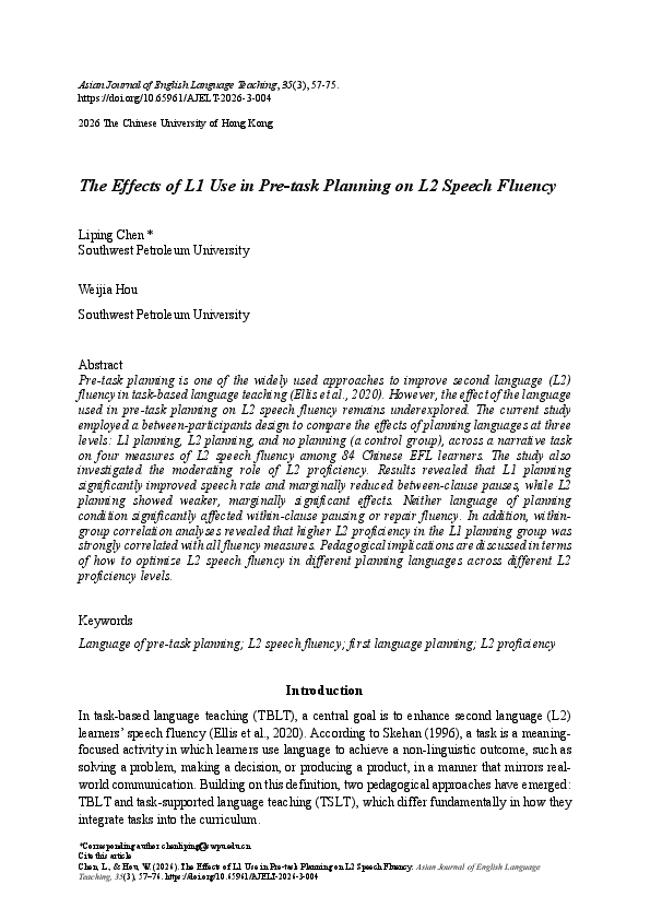 (PDF) The Effects of L1 Use in Pre-task Planning on L2 Speech Fluency