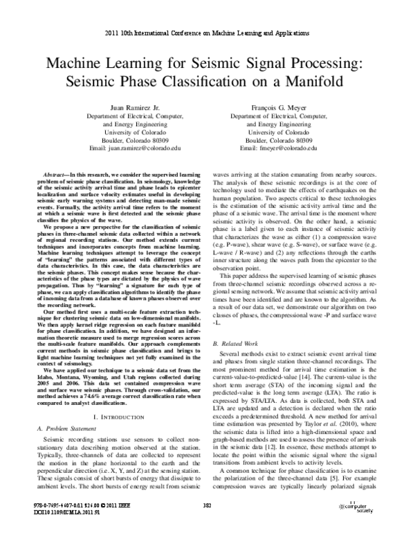 (PDF) Machine Learning for Seismic Signal Processing: Phase ...