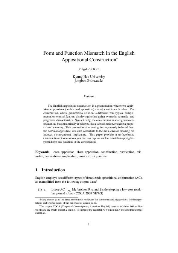 (PDF) Form and Function Mismatch in the English Appositional Construction