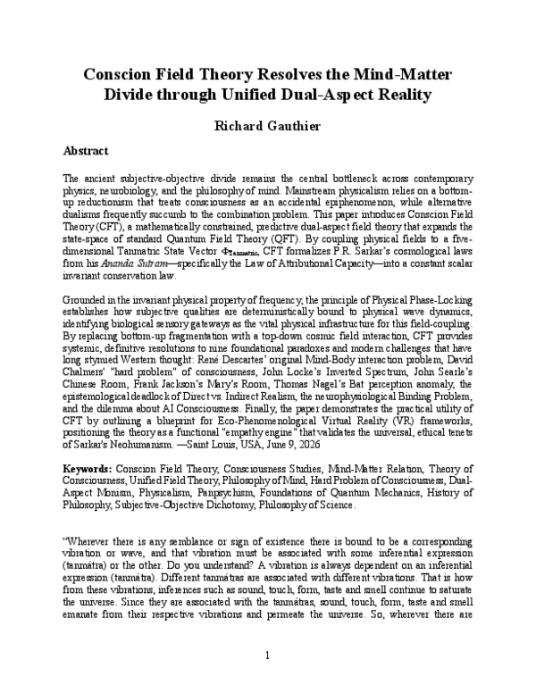 (PDF) Conscion Field Theory Resolves the Mind-Matter Divide through ...