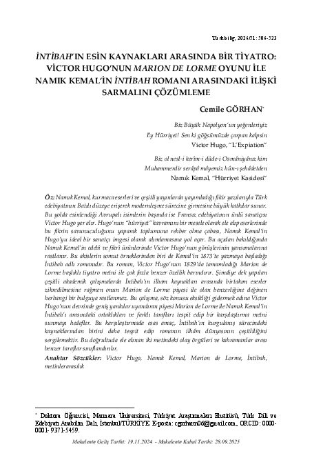 (PDF) İntibah'ın Esin Kaynakları Arasında Bir Tiyatro: Victor Hugo'nun ...