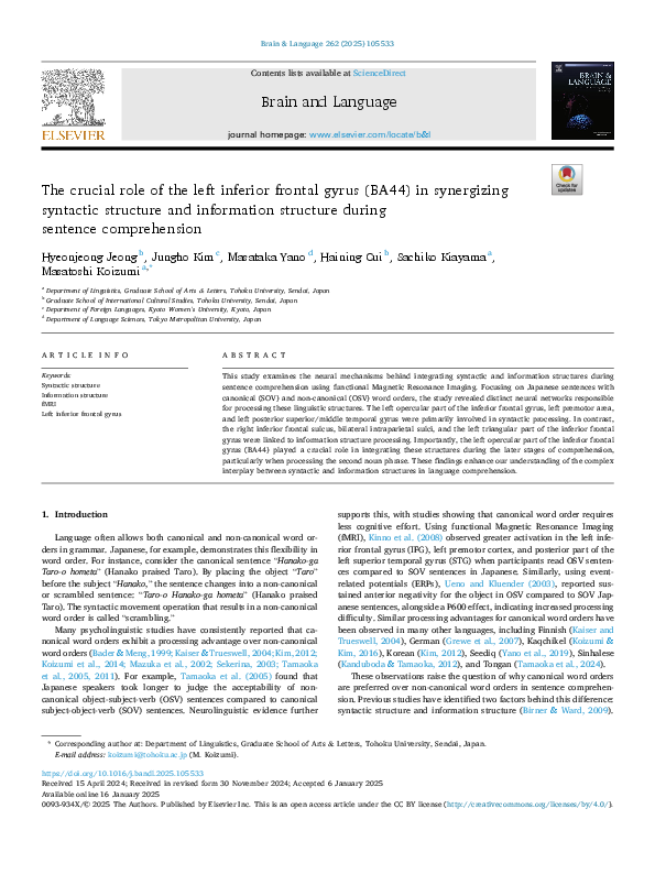 (PDF) The crucial role of the left inferior frontal gyrus (BA44) in ...