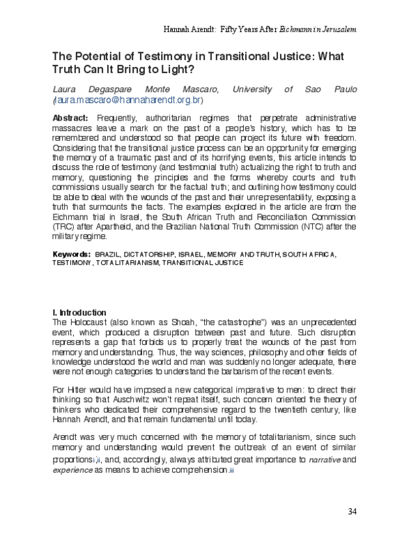 (PDF) The potential of testimony in transitional justice: what truth ...