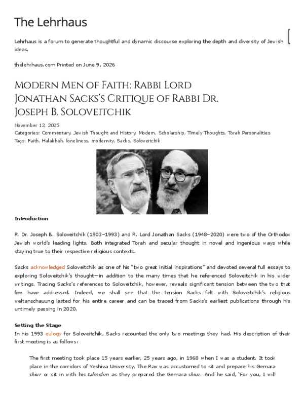 (PDF) Modern Men of Faith: Rabbi Lord Jonathan Sacks's Critique of Rabbi