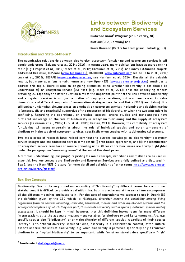 (PDF) The Links Between Biodiversity and Ecosystem Services