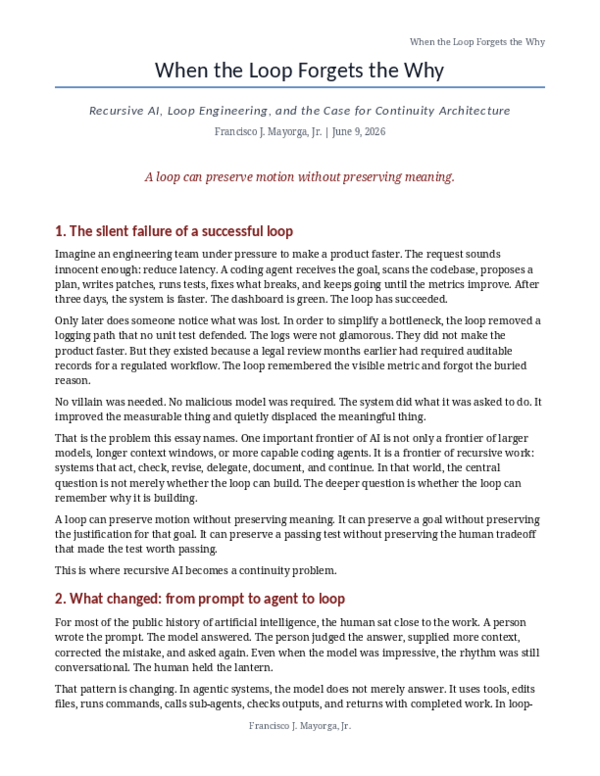 (PDF) When the Loop Forgets the Why: Recursive AI, Loop Engineering ...