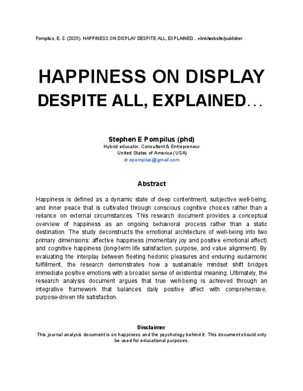 (PDF) HAPPINESS ON DISPLAY DESPITE ALL, EXPLAINED.....