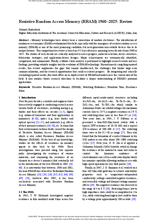 (PDF) Resistive Random Access Memory (RRAM) 1960-2025: Review