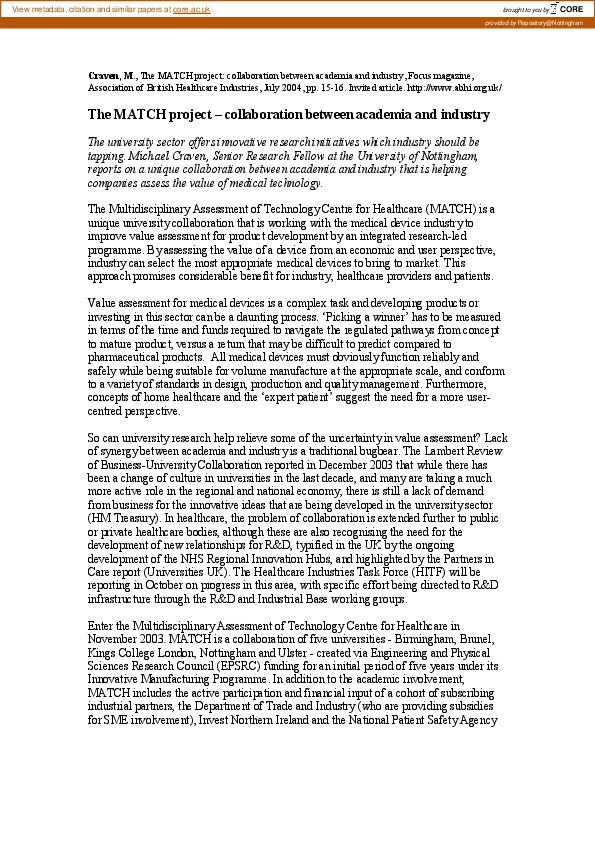 (PDF) The MATCH project: collaboration between academia and industry