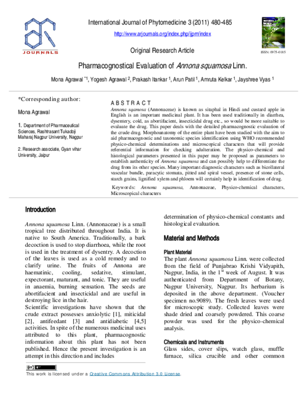 (PDF) Pharmacognostical Evaluation of Annona squamosa Linn: Original ...