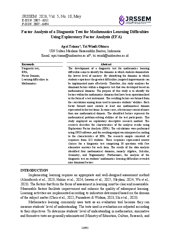 (PDF) Factor Analysis of a Diagnostic Test for Mathematics Learning ...
