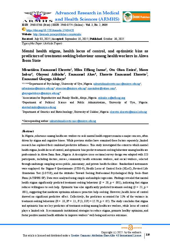 (PDF) Mental health stigma, health locus of control, and optimistic ...