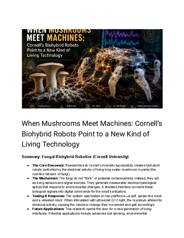 (PDF) When Mushrooms Meet Machines: Cornell's Biohybrid Robots Point to ...