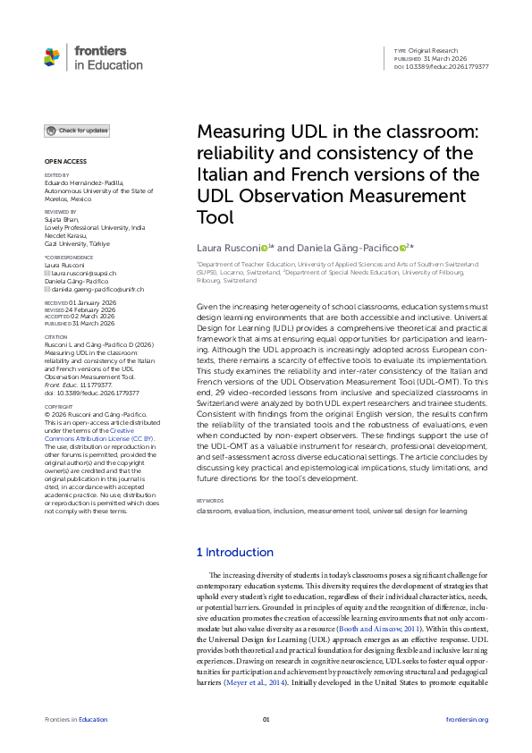 (PDF) Measuring UDL in the classroom: reliability and consistency of ...