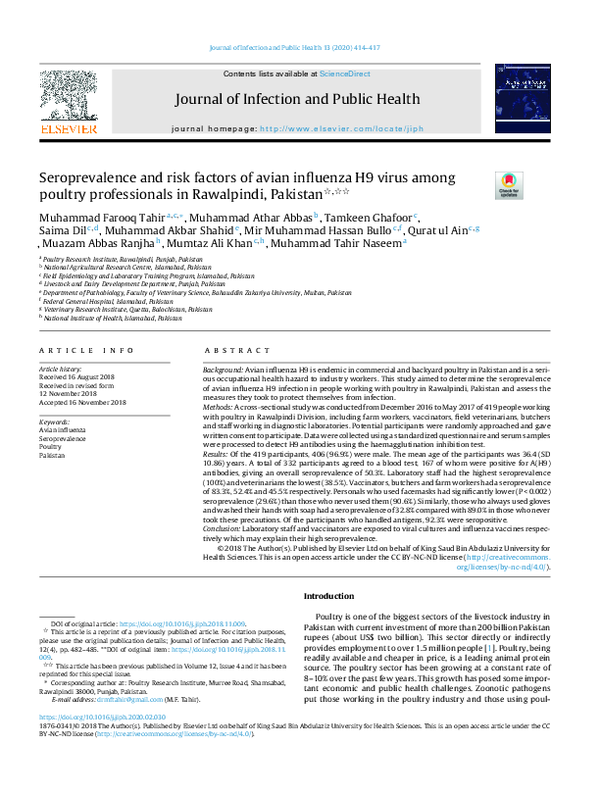 (PDF) Seroprevalence and risk factors of avian influenza H9 virus among ...