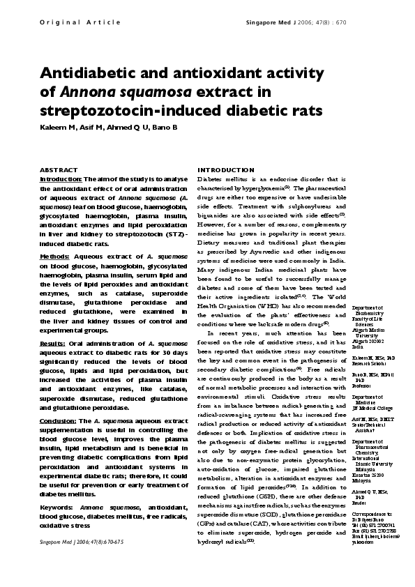 (PDF) Antidiabetic and antioxidant activity of Annona squamosa extract ...
