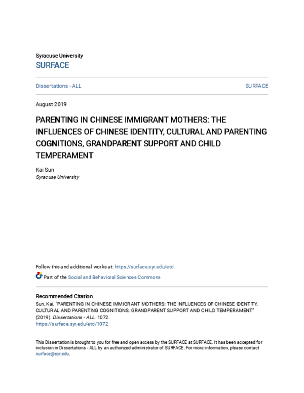 (PDF) Parenting in Chinese Immigrant Mothers: The Influences of Chinese ...