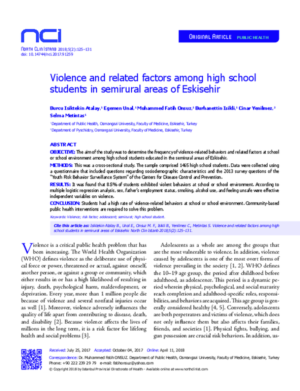(PDF) Violence and related factors among high school students in ...