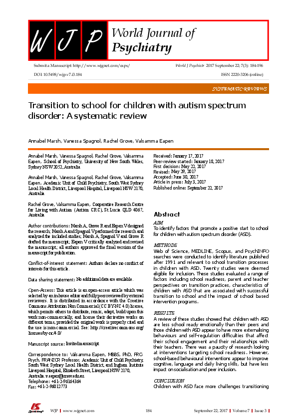 (PDF) Transition to school for children with autism spectrum disorder ...